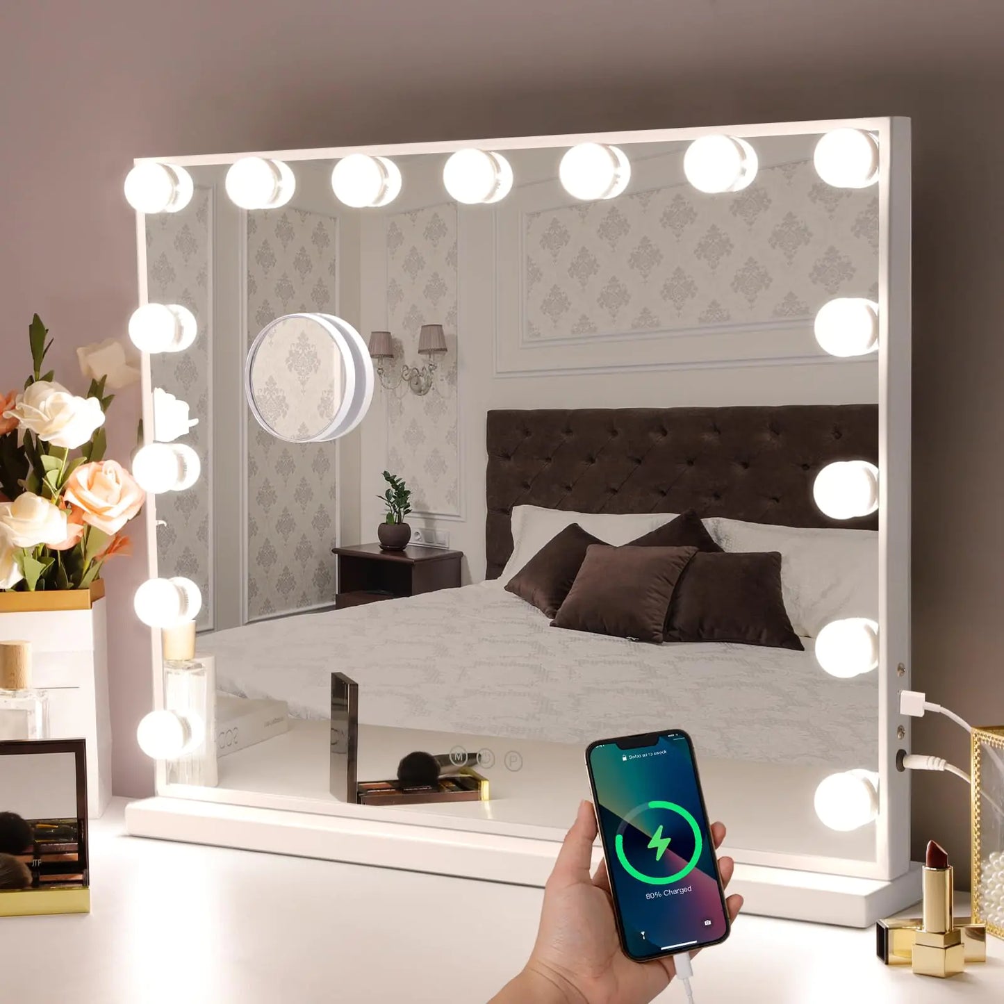 Hansong 22x18 LED Vanity Mirror – 15 Bulbs, 10X Zoom, USB Port